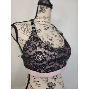 Lorna Jane Sport Bra Womens Sz M Pink Black Lace Overlaid Strappy Back